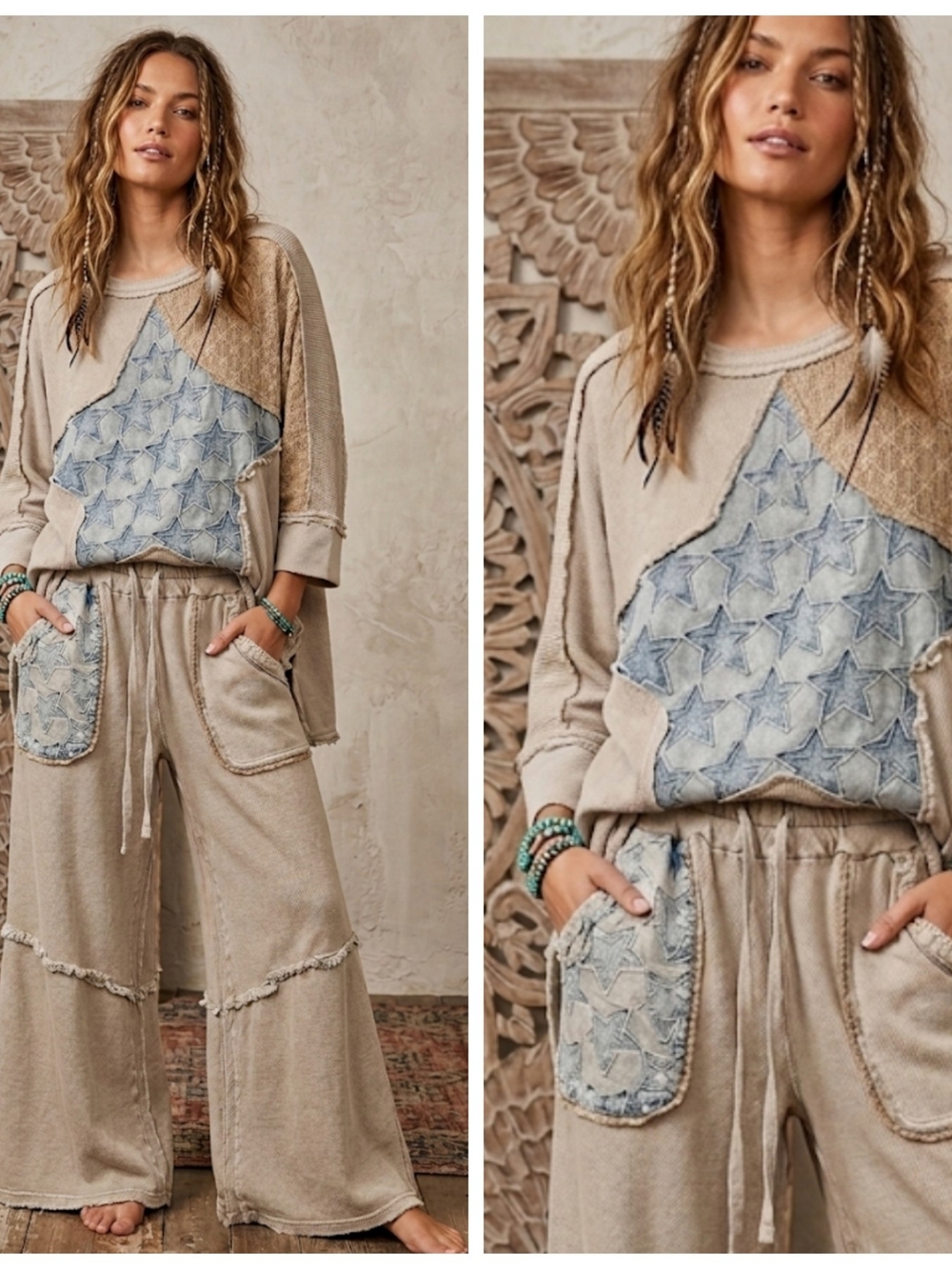 Neutral Star Patch Lounge Set with Distressed Denim Stars